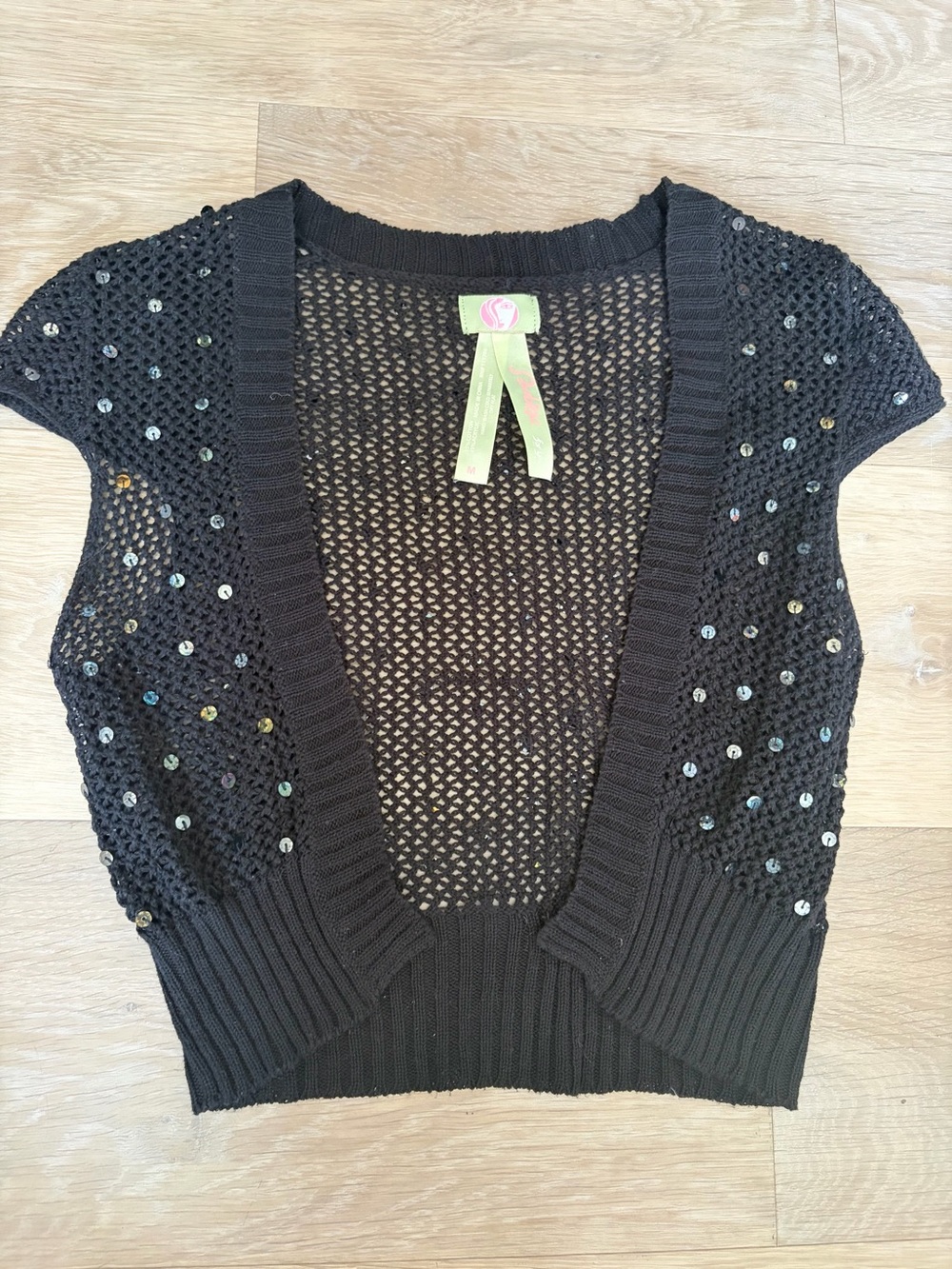 Sabina Black Sequin Open Knit Shrug Cardigan Size M